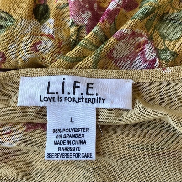 LIFE Maxi Sheer Mesh Duster Robe Women L Antique Gold Floral Pattern Lace Trim - Picture 7 of 9